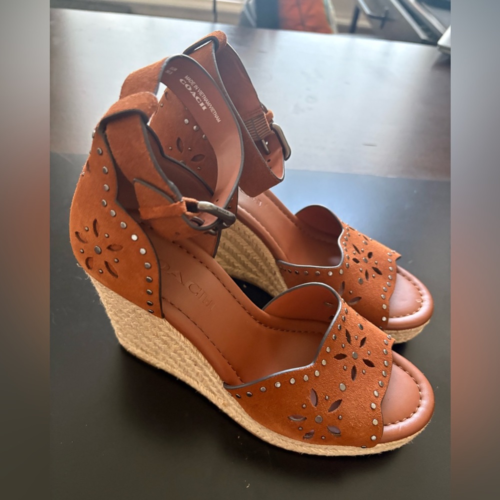 Coach Tan Suede Espadrille Wedge Sandals